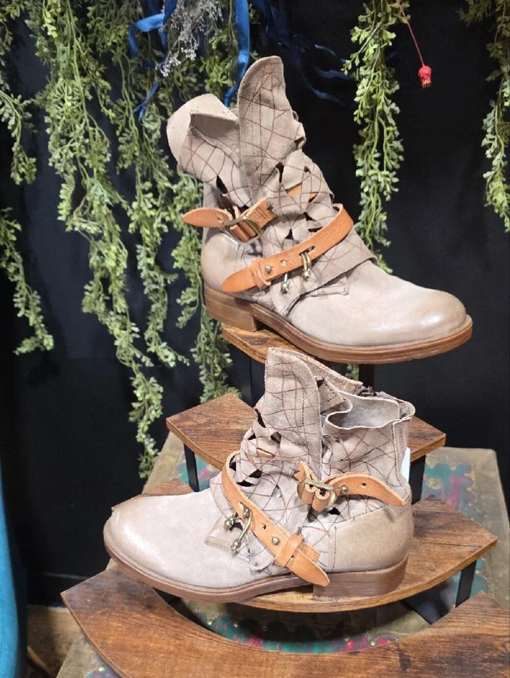 A.S.98 Taupe Ankle Boots with Tan Buckle Straps